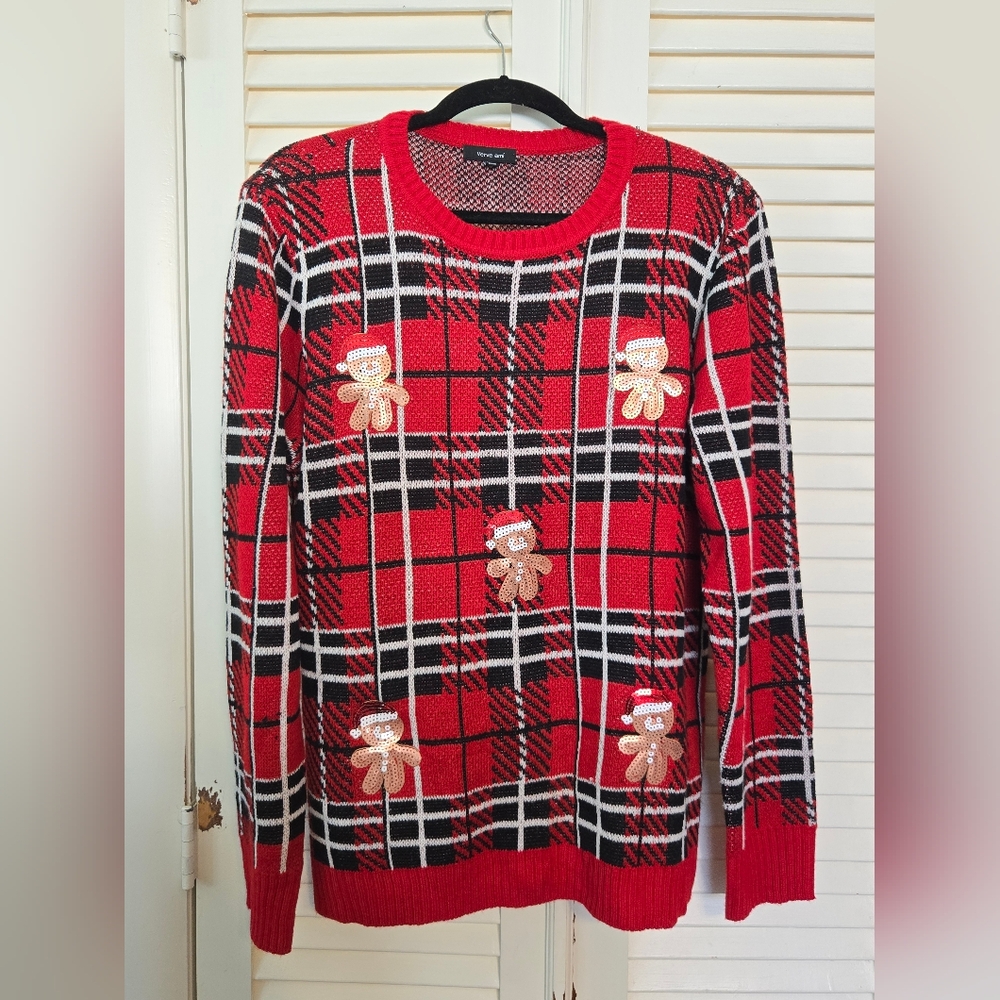Verve Ami Red Plaid Sweater with Gingerbread Accents XL